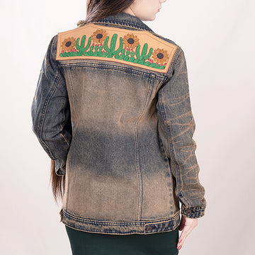 ADJKT012 Genuine leather Hand tooled hand carved Women 100% cotton Denim jacket dress ladies girl